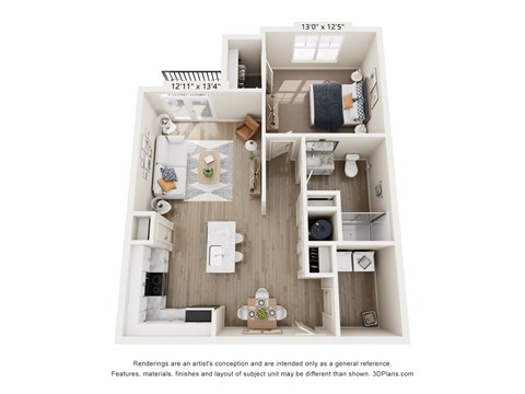 A 3D floor plan of a small apartment with a kitchen, living room, and bedroom.